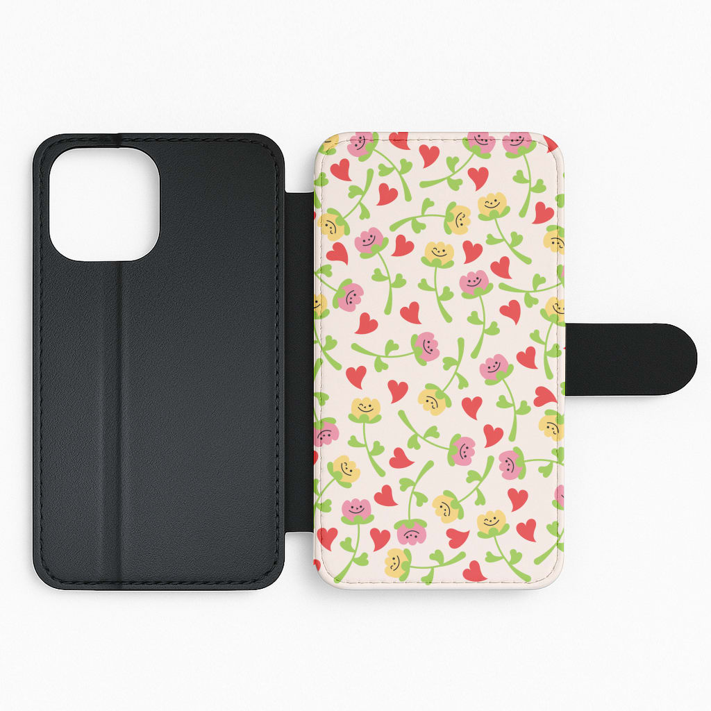 Smiley Tulips And Hearts Pattern Flip Phone Case