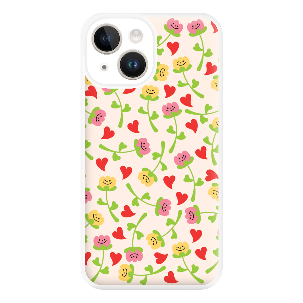 Smiley Tulips And Hearts Pattern Phone Case for iPhone 14