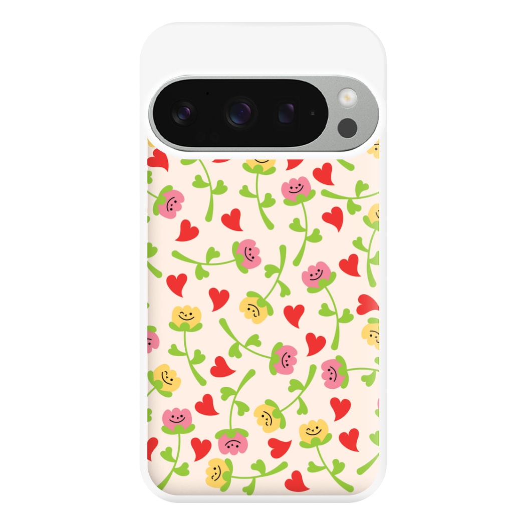 Smiley Tulips And Hearts Pattern Phone Case for Google Pixel 9 Pro XL