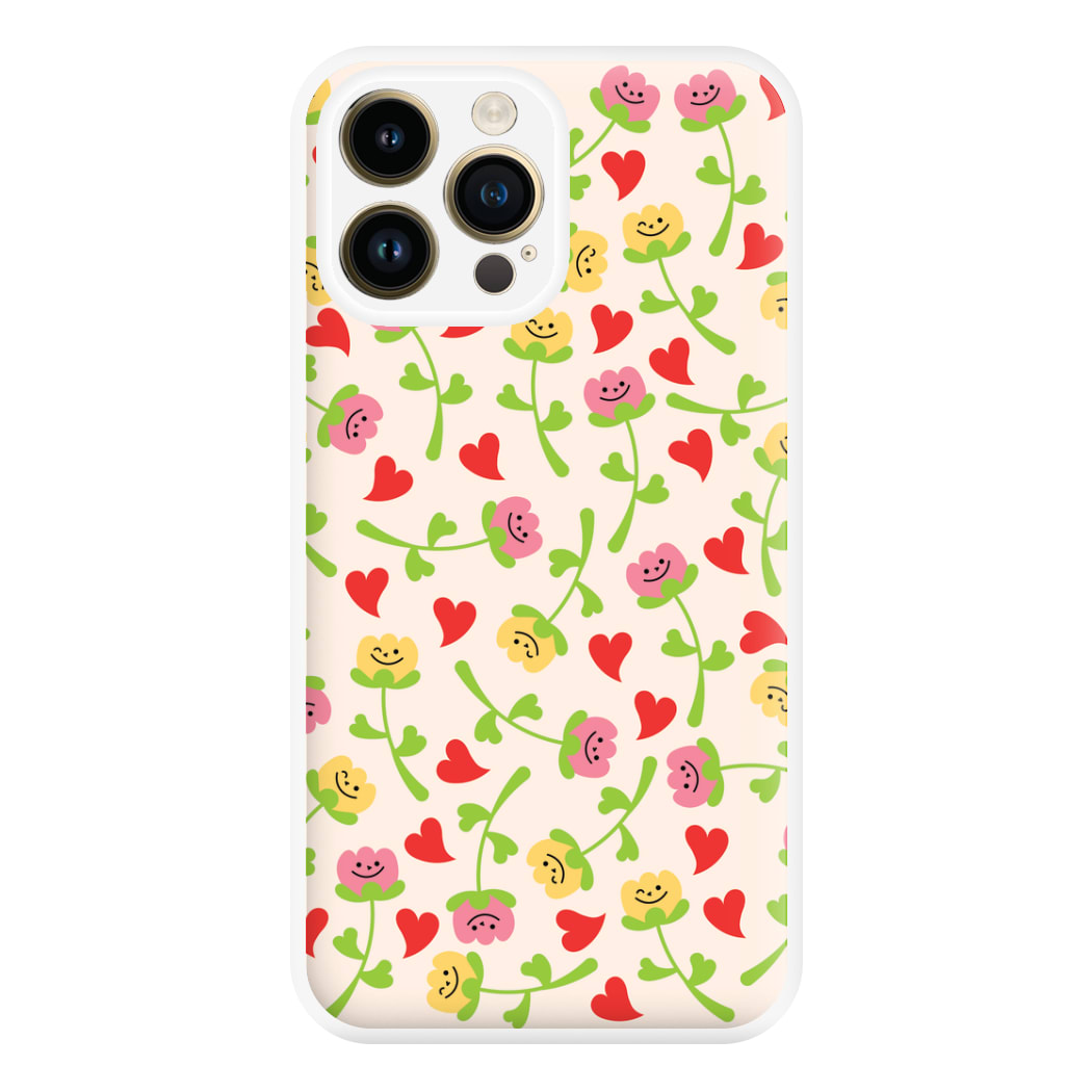 Smiley Tulips And Hearts Pattern Phone Case for iPhone 14 Pro Max