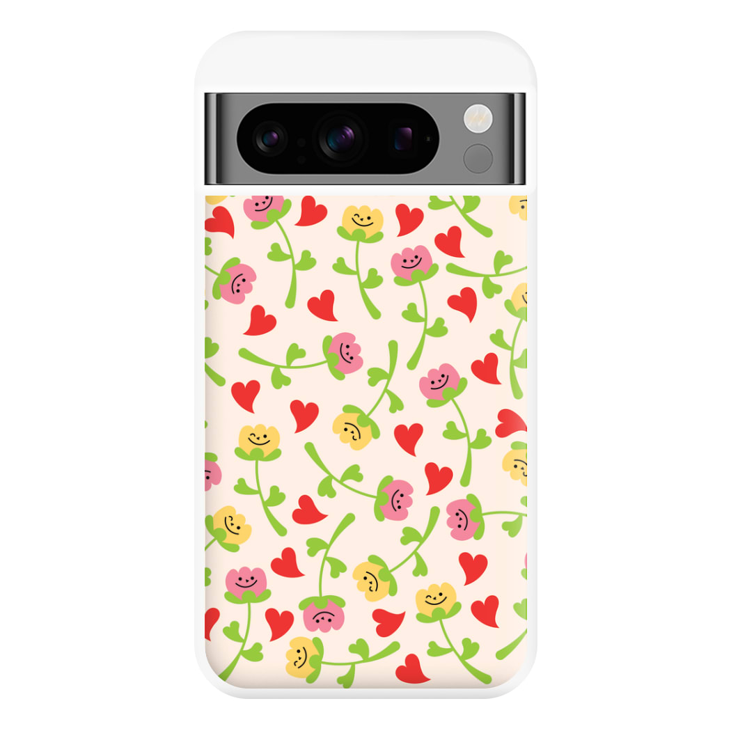 Smiley Tulips And Hearts Pattern Phone Case for Google Pixel 8 Pro
