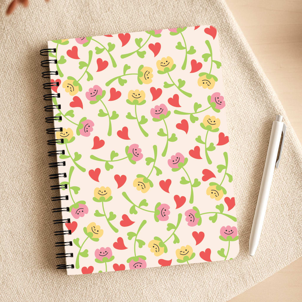 Smiley Tulips And Hearts Pattern Notepad