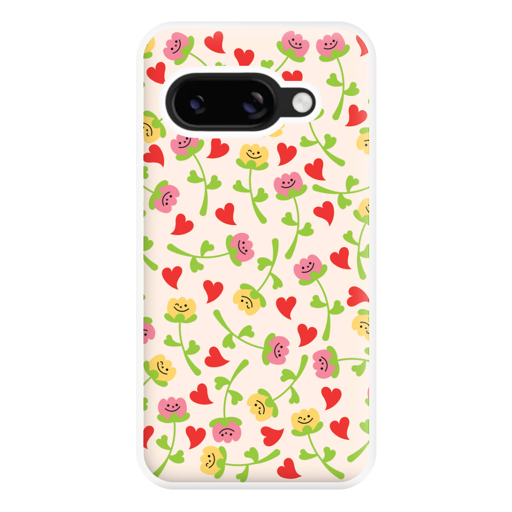 Smiley Tulips And Hearts Pattern Phone Case for Google Pixel 8a