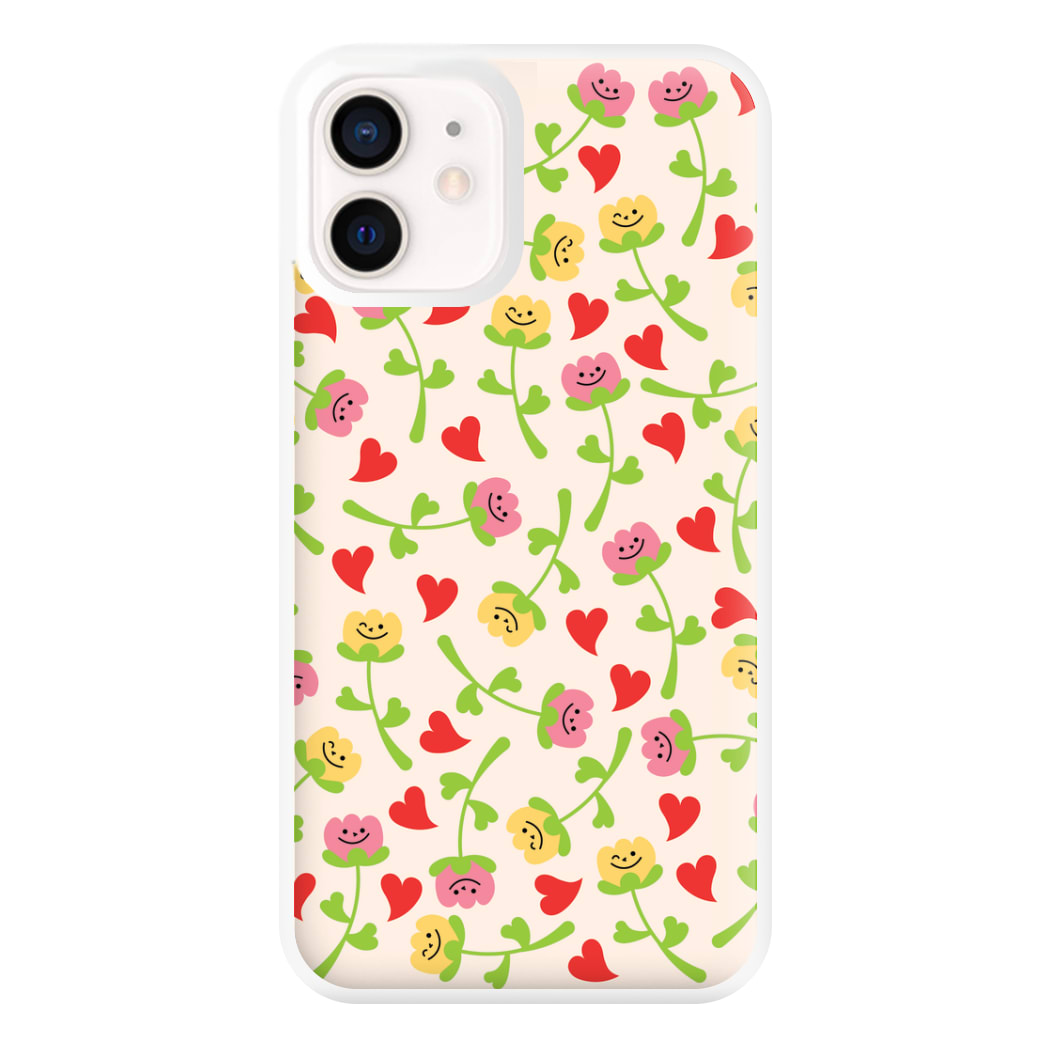 Smiley Tulips And Hearts Pattern Phone Case for iPhone 13 Mini