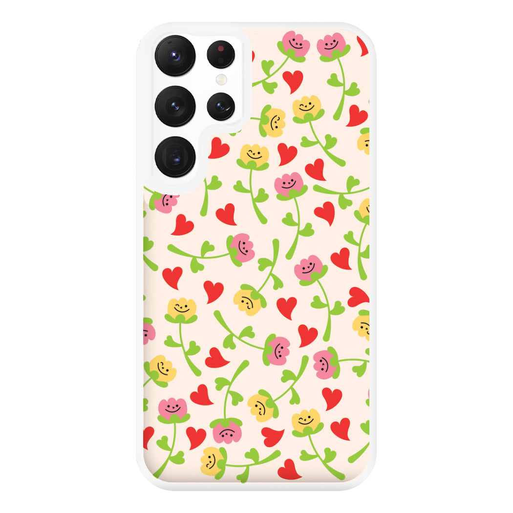 Smiley Tulips And Hearts Pattern Phone Case for Galaxy S22 Ultra