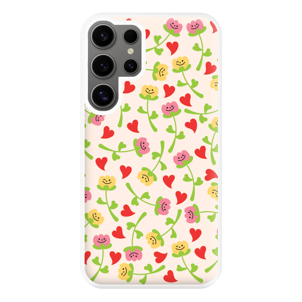 Smiley Tulips And Hearts Pattern Phone Case for Galaxy S24 Ultra