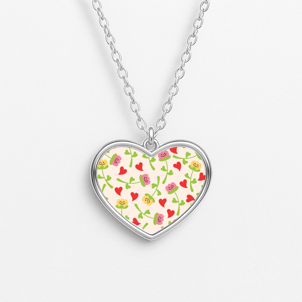 Smiley Tulips And Hearts Pattern Heart Necklace