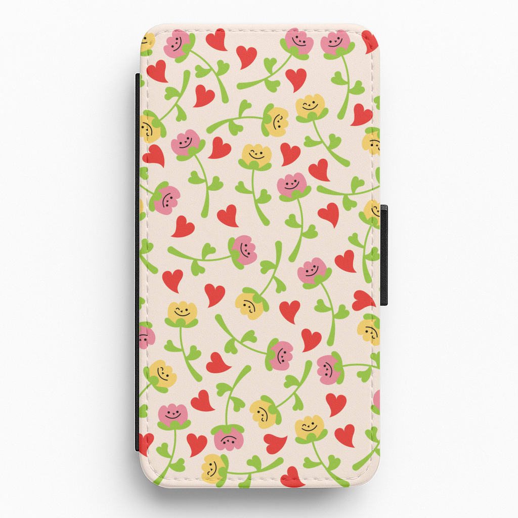 Smiley Tulips And Hearts Pattern Flip / Wallet Phone Case