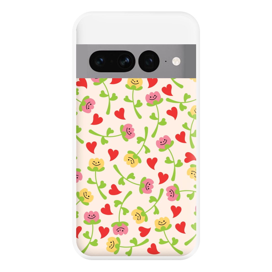 Smiley Tulips And Hearts Pattern Phone Case for Google Pixel 7 Pro