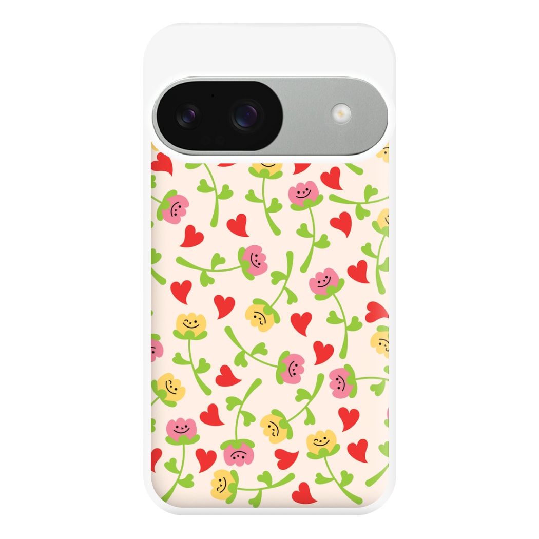 Smiley Tulips And Hearts Pattern Phone Case for Google Pixel 9 / 9 Pro