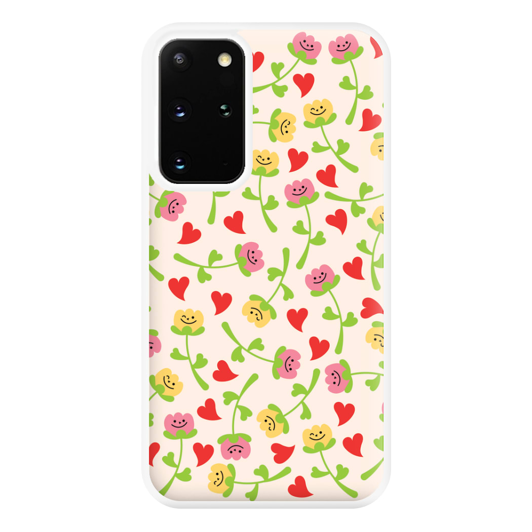 Smiley Tulips And Hearts Pattern Phone Case for Galaxy S20 Plus