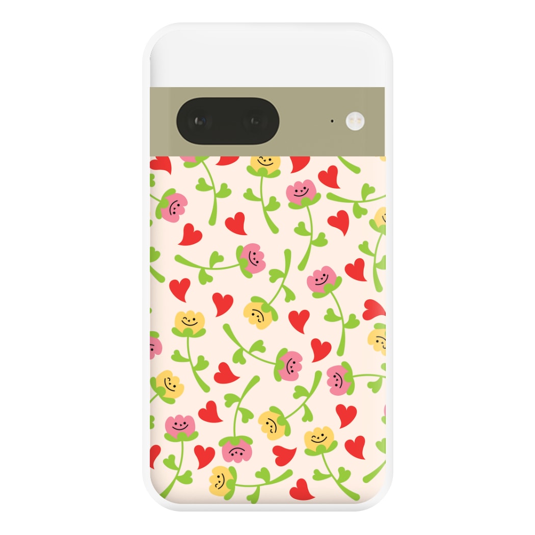 Smiley Tulips And Hearts Pattern Phone Case for Google Pixel 7a