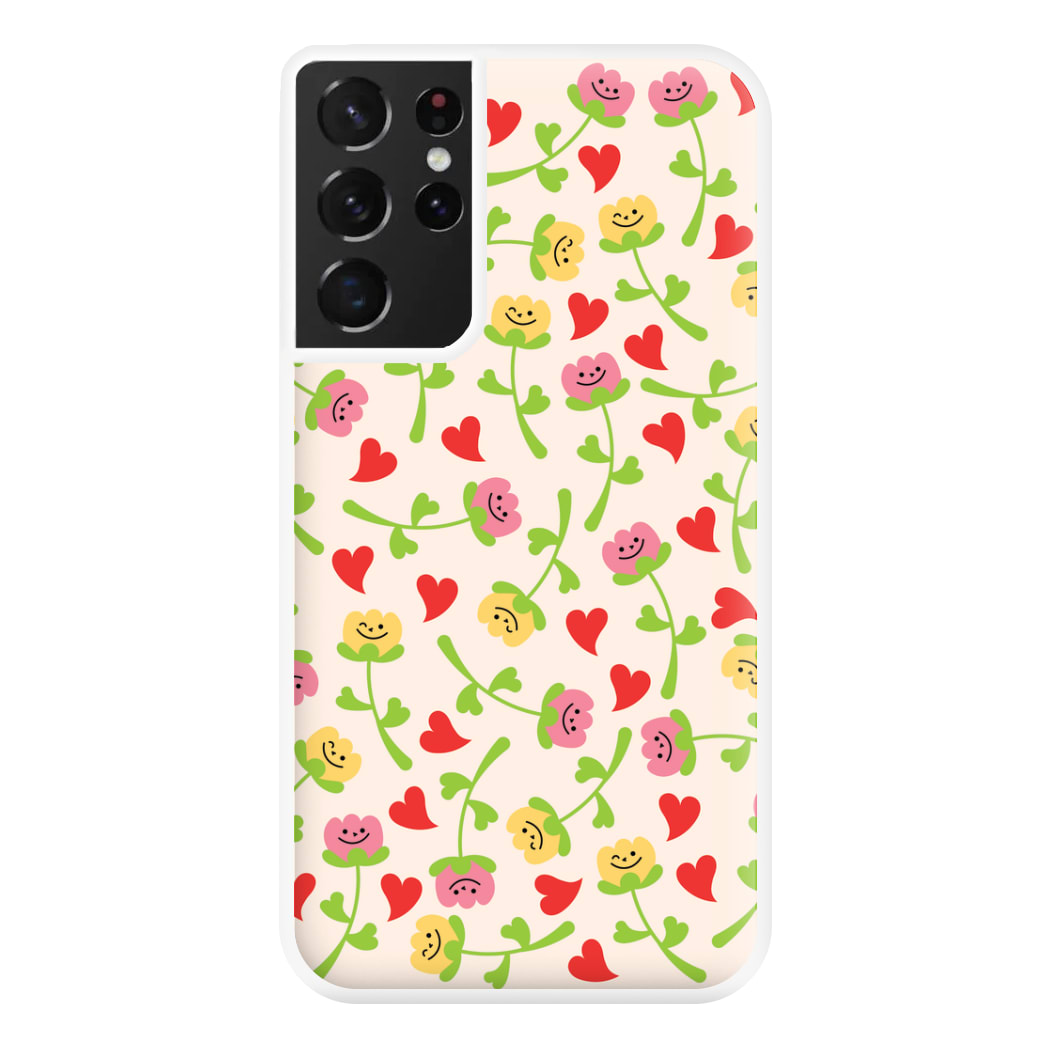 Smiley Tulips And Hearts Pattern Phone Case for Galaxy S21 Ultra