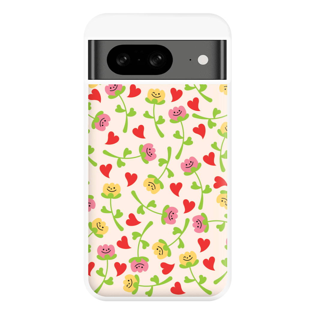 Smiley Tulips And Hearts Pattern Phone Case for Google Pixel 8