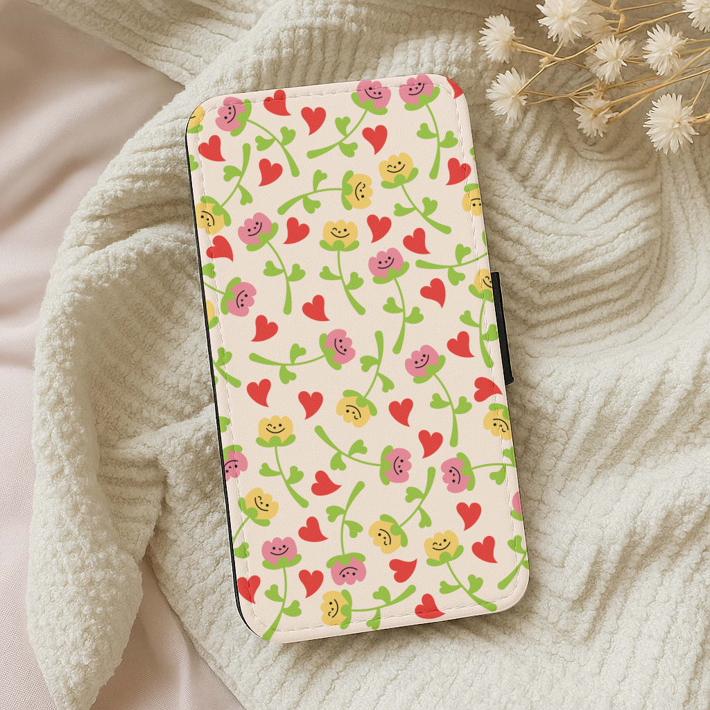 Smiley Tulips And Hearts Pattern Wallet Phone Case