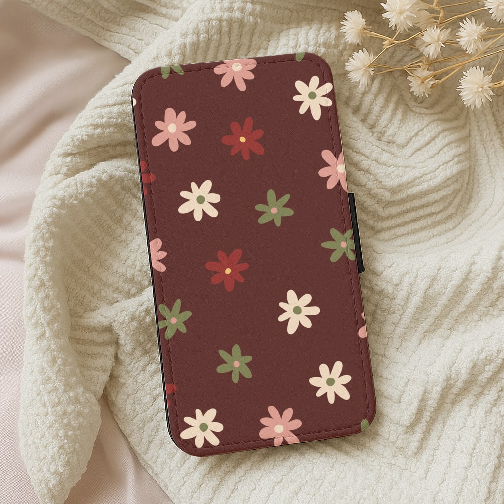 Dark Whimsical Flower Pattern Wallet Phone Case