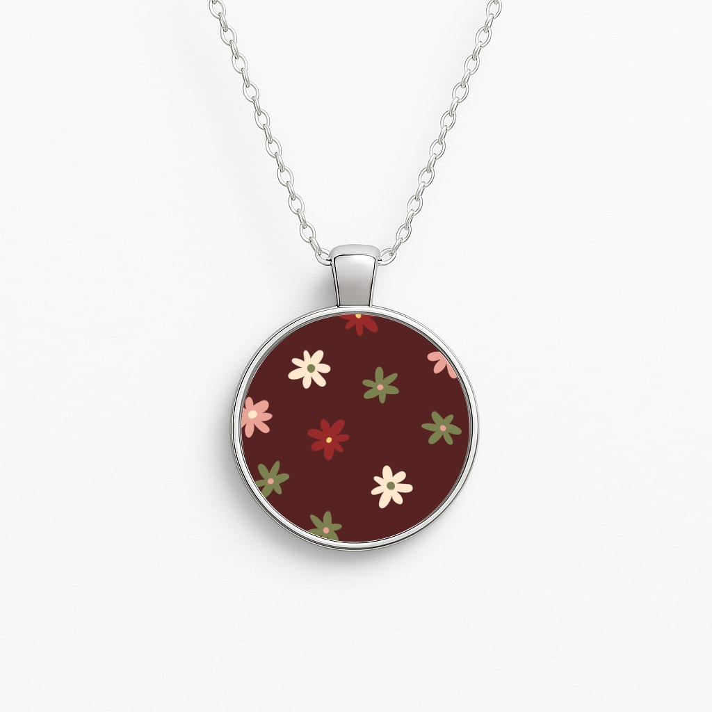 Dark Whimsical Flower Pattern Circle Necklace