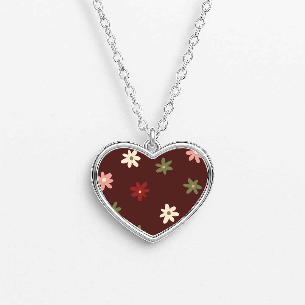 Dark Whimsical Flower Pattern Heart Necklace