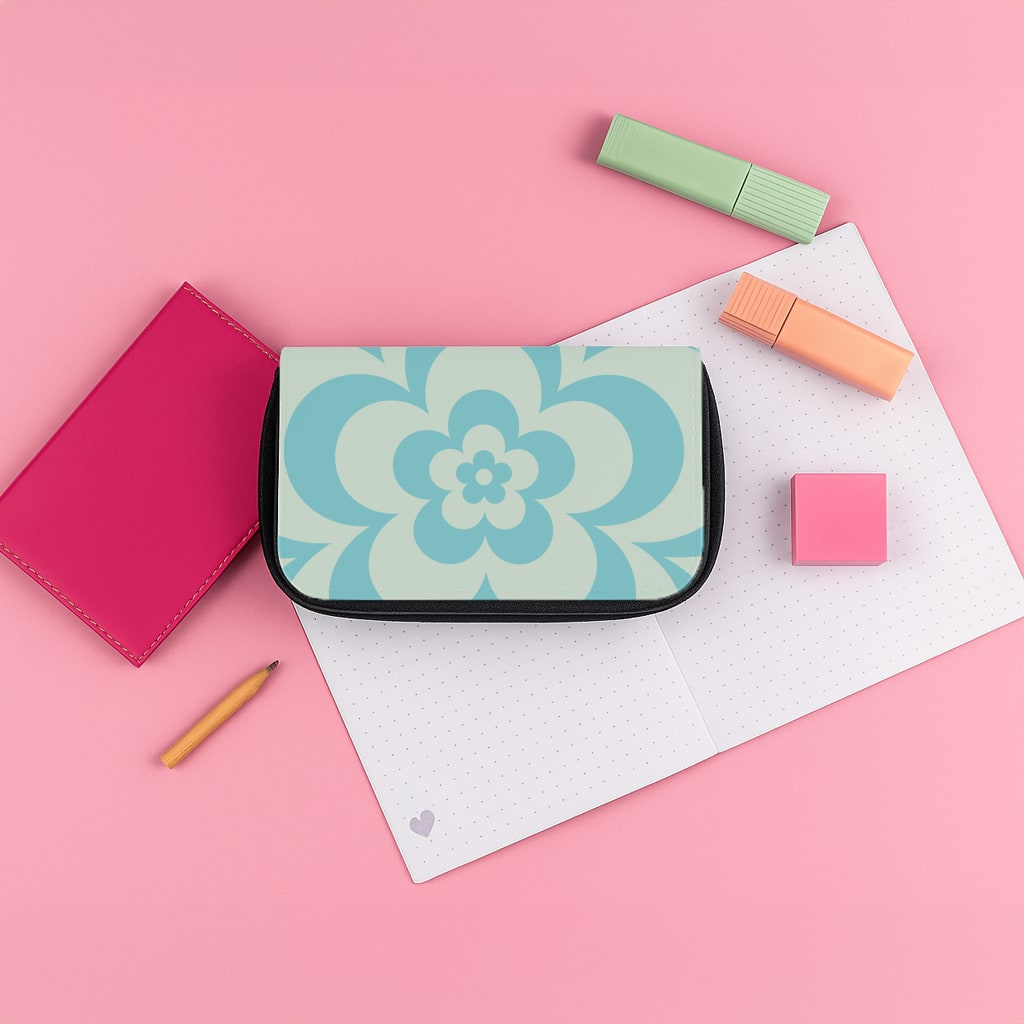 Teal Abstract Flower Pattern Pencil Case