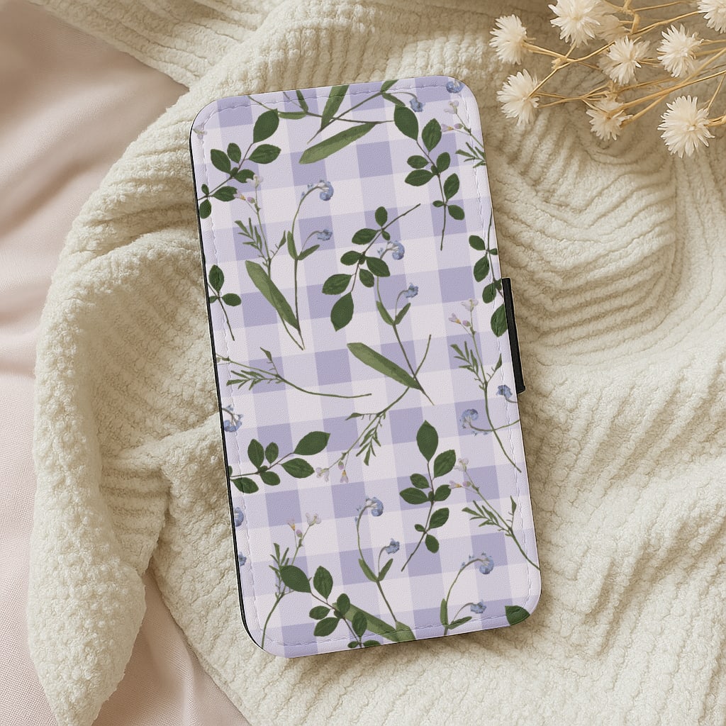 Checkered Pressed Flowers Pattern Wallet Phone Case