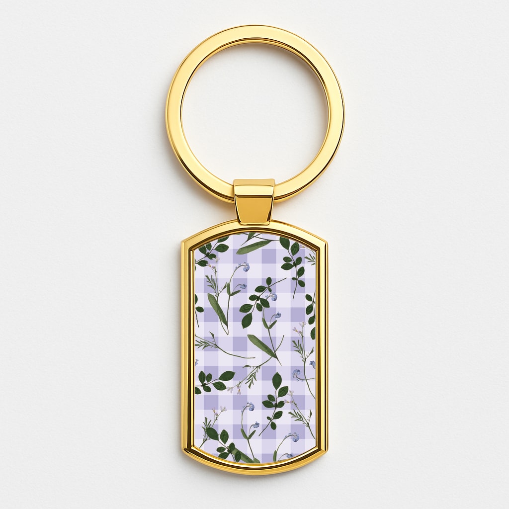 Checkered Pressed Flowers Pattern Gold Keyring