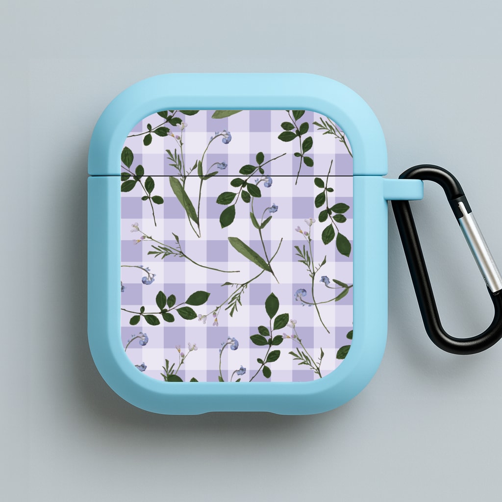 Checkered Pressed Flowers Pattern Blue AirPods Case