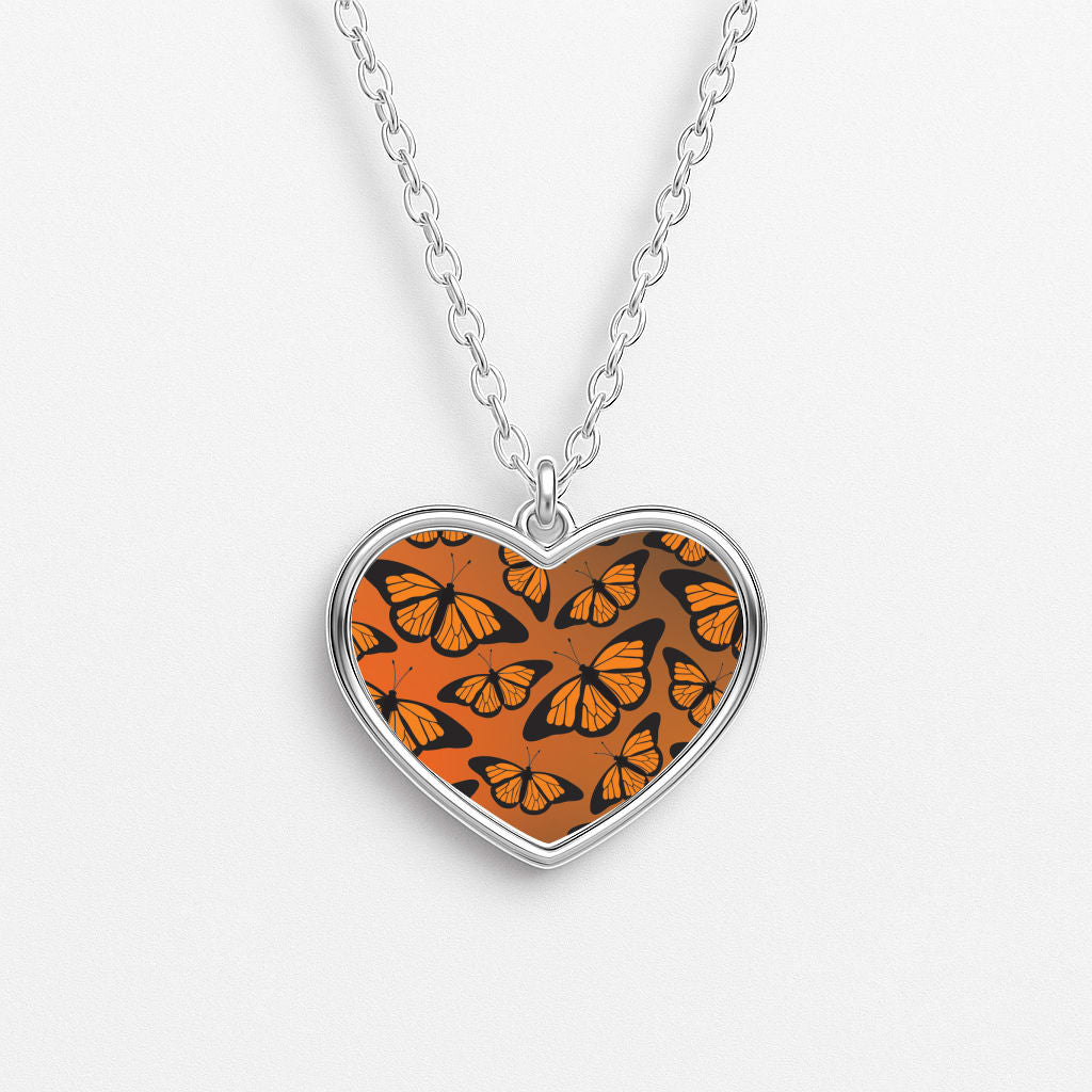 Orange Gradient Butterfly - Butterfly Patterns Heart Necklace