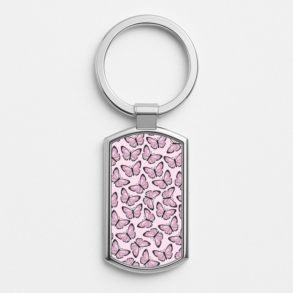 Pink And Black Butterfly - Butterfly Patterns Silver Keyring
