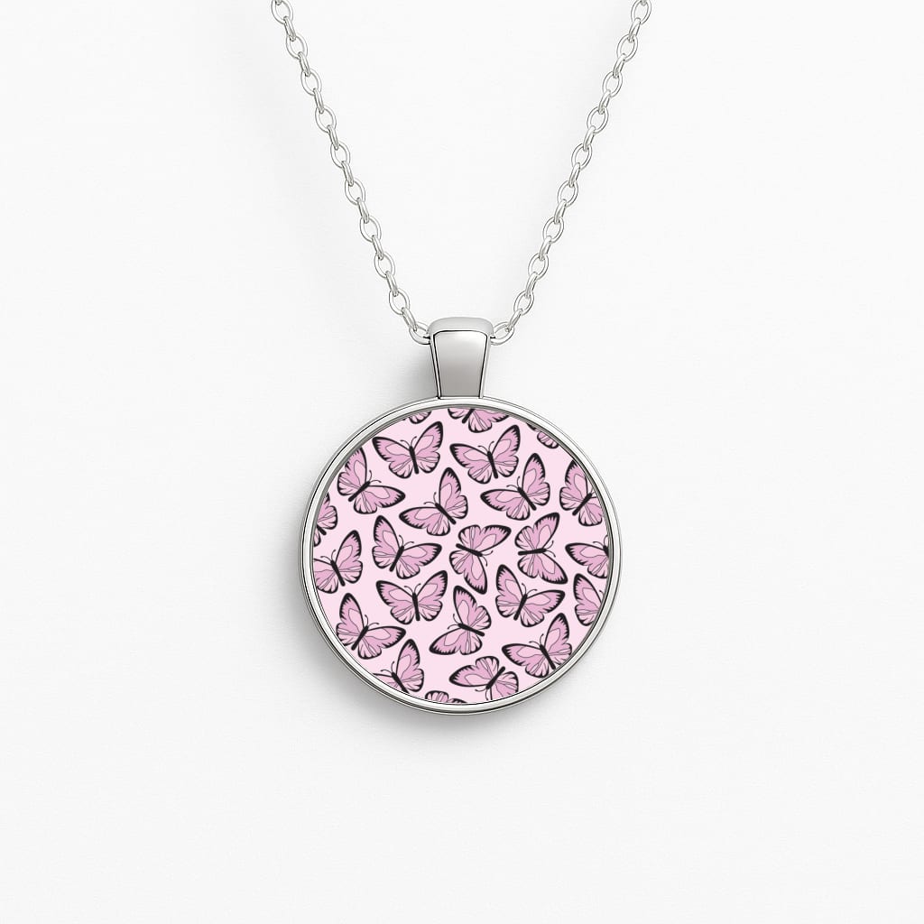 Pink And Black Butterfly - Butterfly Patterns Circle Necklace