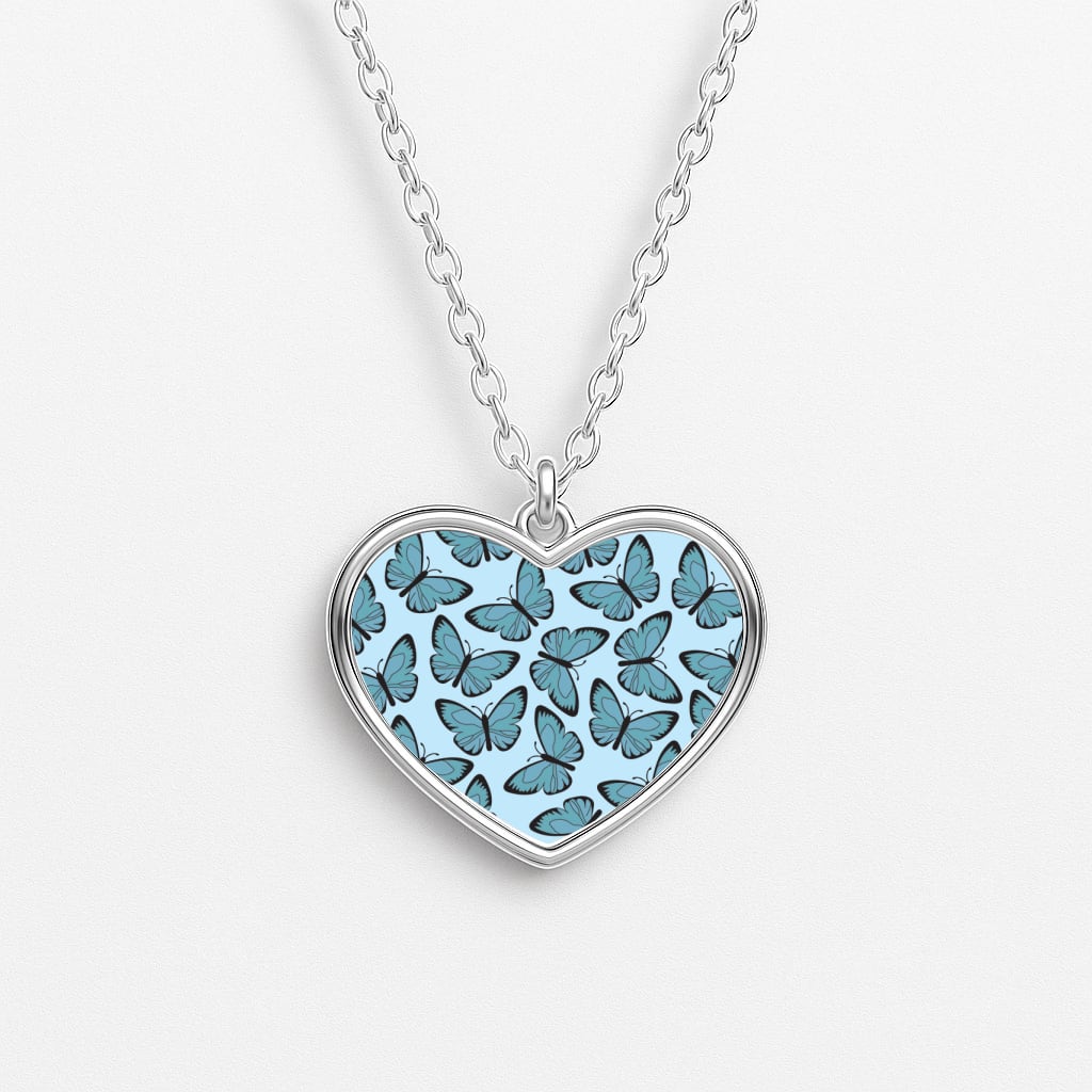 Blue Butterfly - Butterfly Patterns Heart Necklace