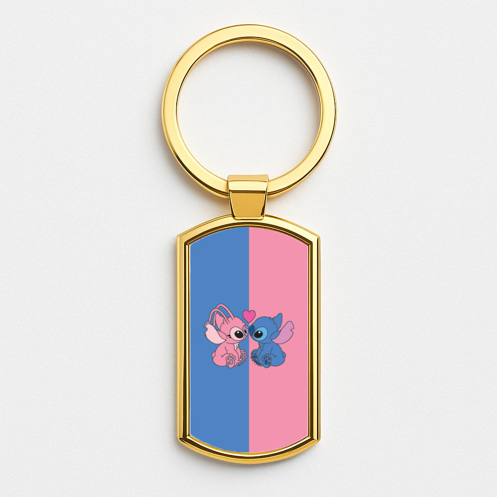 Angel And Blue Alien - Pink Alien Gold Keyring