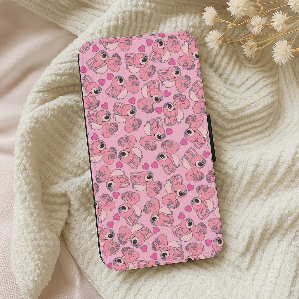 Love Heart Pattern - Pink Alien Wallet Phone Case