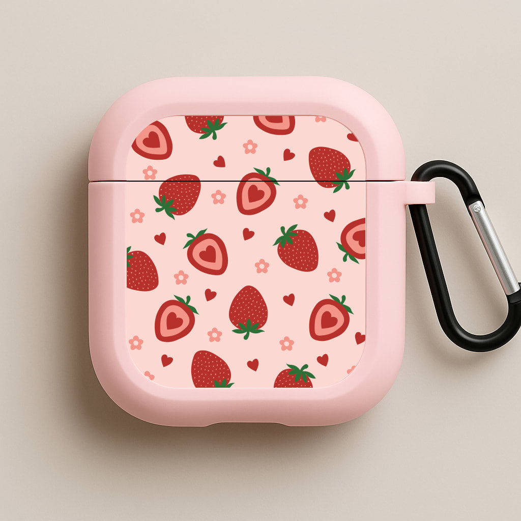 Strawberries And Hearts - Fruit Patterns Pink AirPods Case