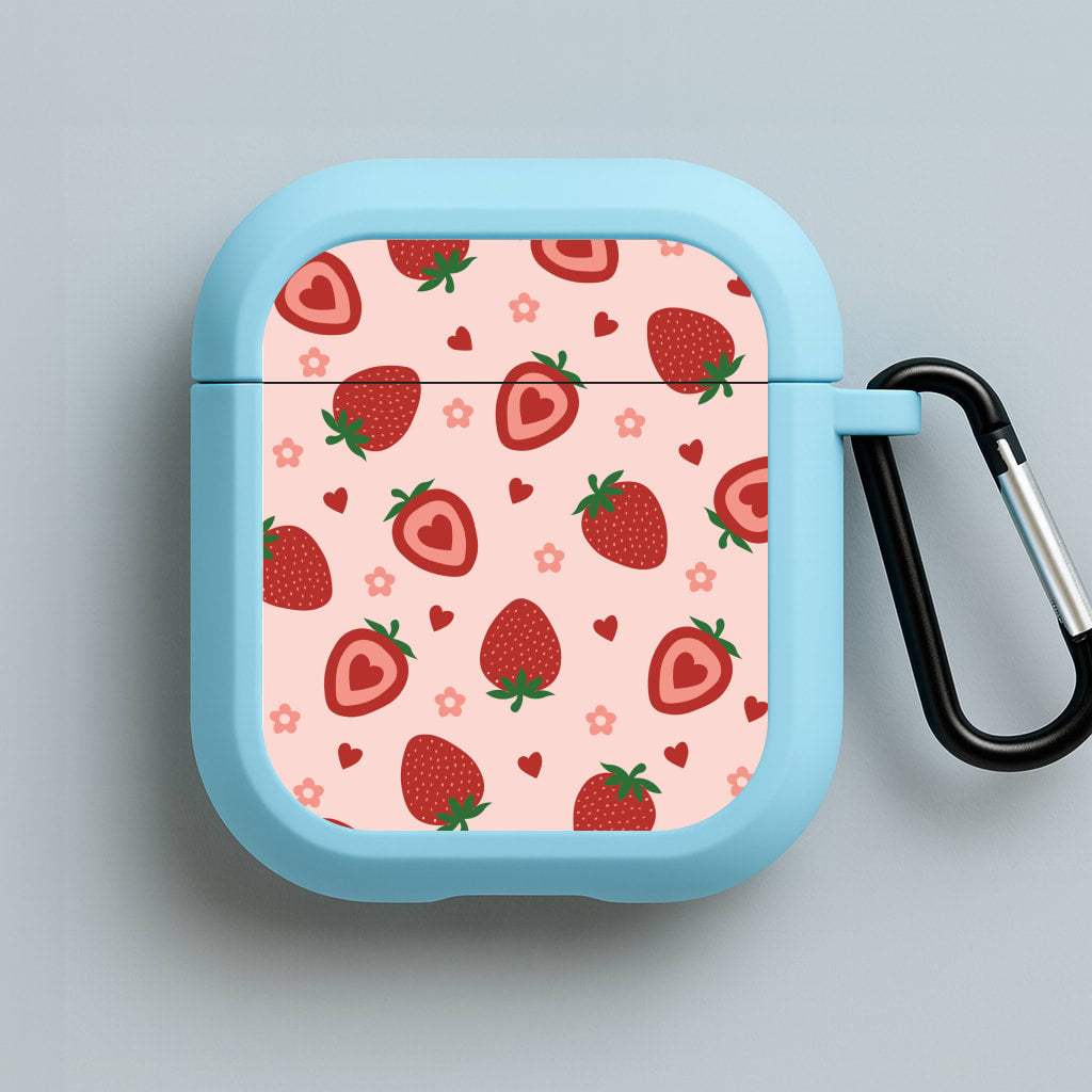 Strawberries And Hearts - Fruit Patterns Blue AirPods Case