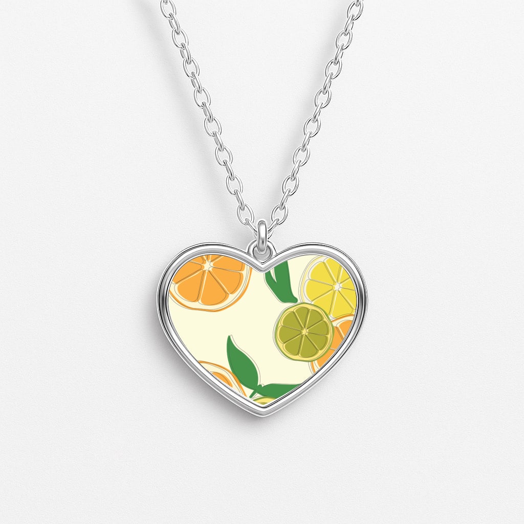 Oranges, Leomns And Limes - Fruit Patterns Heart Necklace