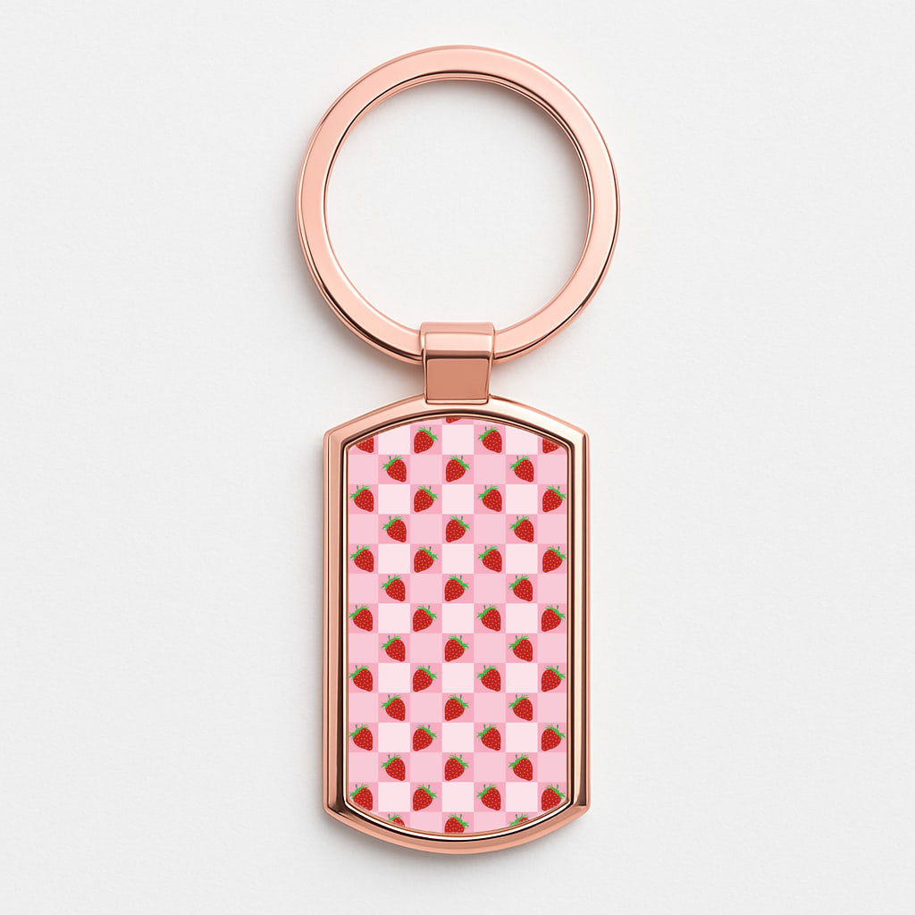 Checkered Strawberries Pattern Rose Gold Keyring