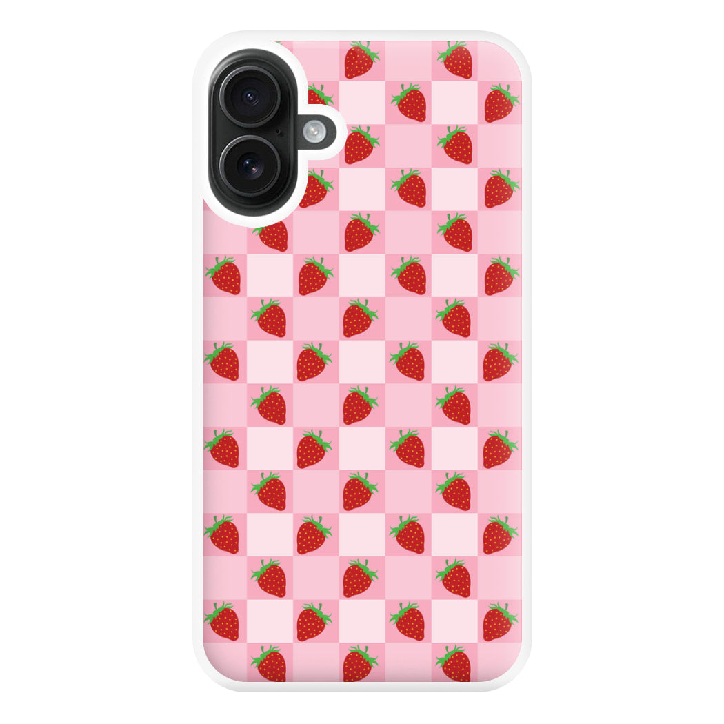 Checkered Strawberries Pattern Phone Case for iPhone 16 Plus