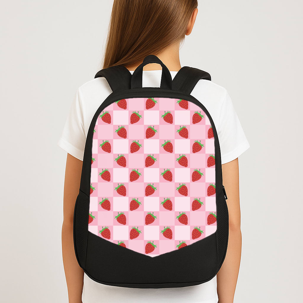 Checkered Strawberries Pattern Large School Bag
