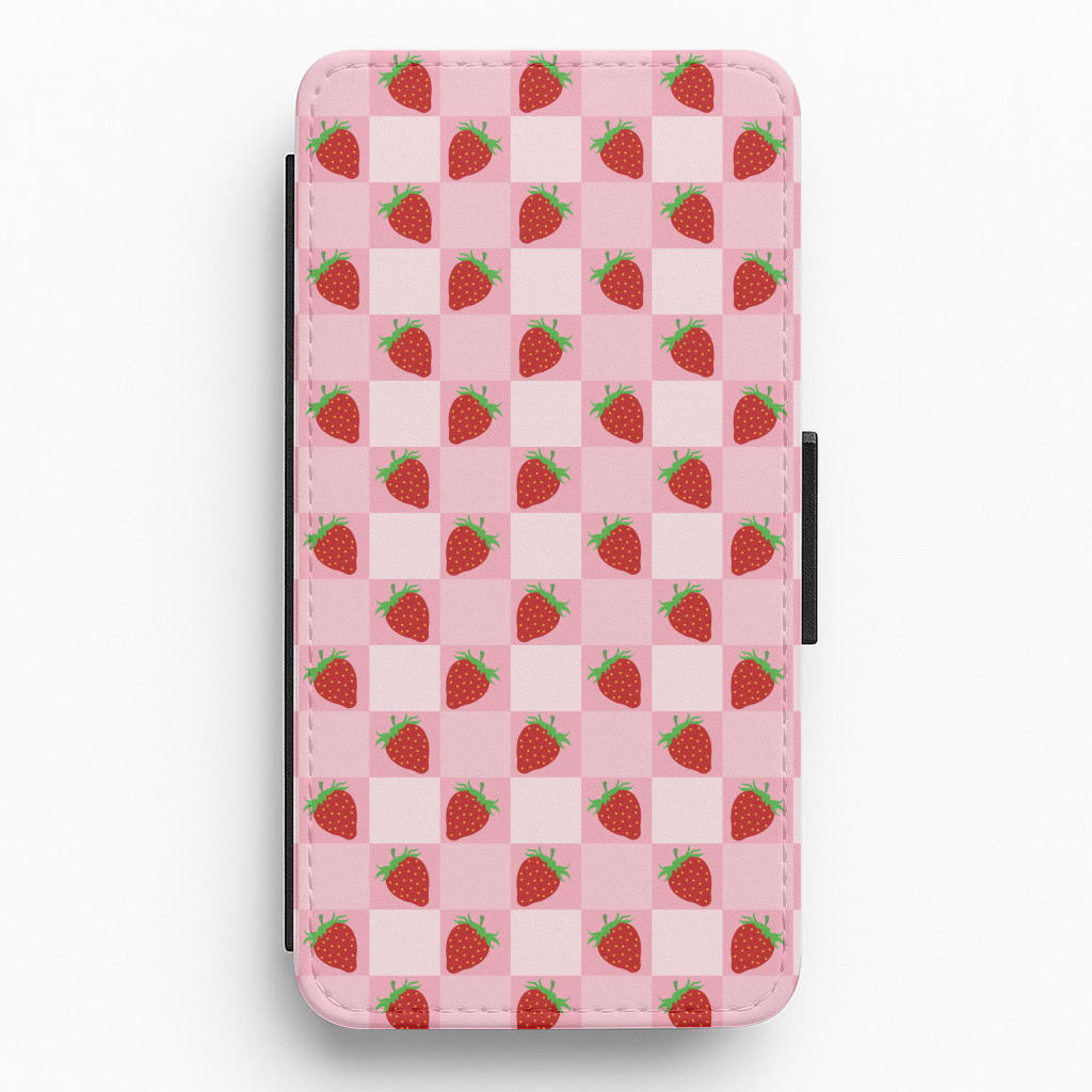 Checkered Strawberries Pattern Flip / Wallet Phone Case
