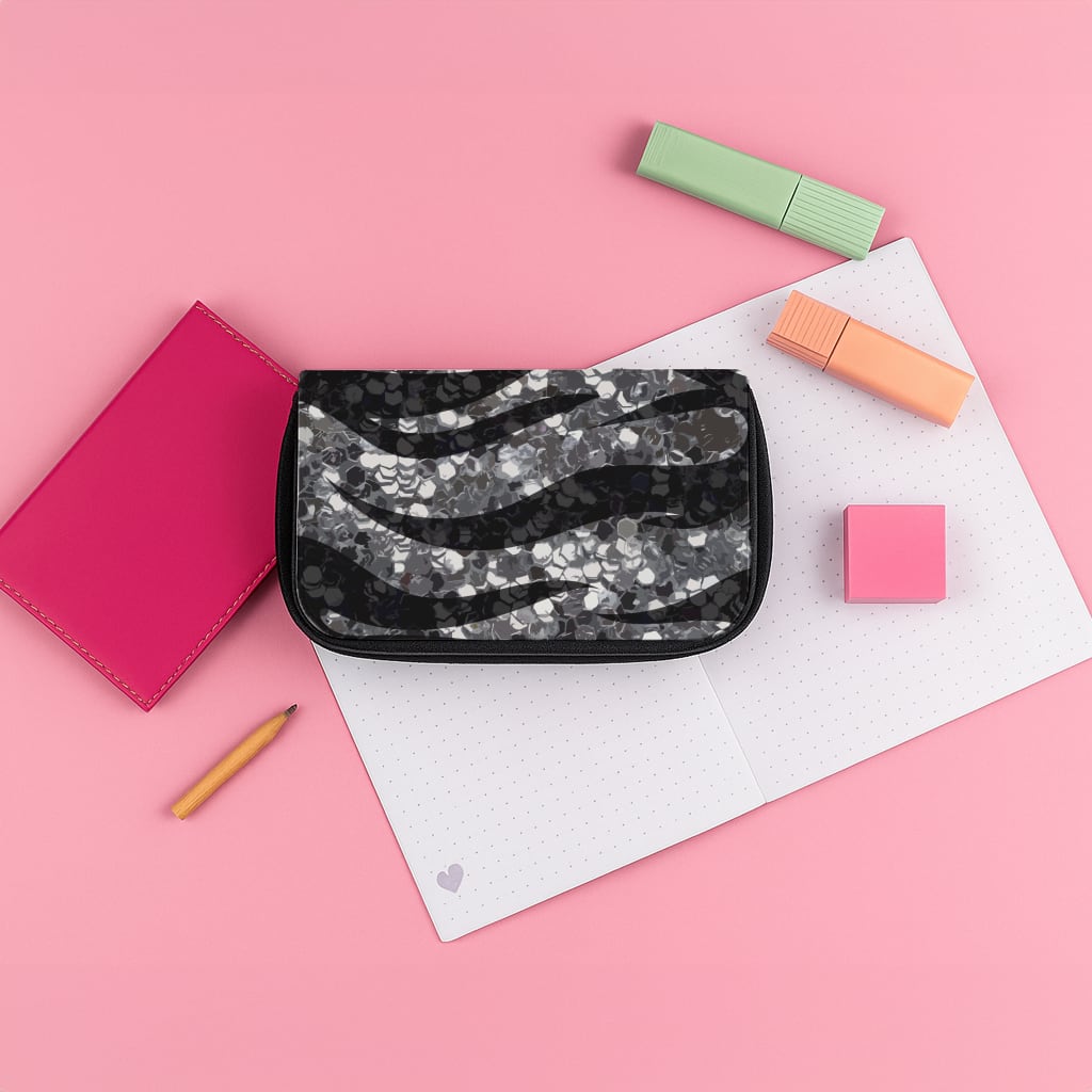 Silver Sequin Tiger Pattern Pencil Case