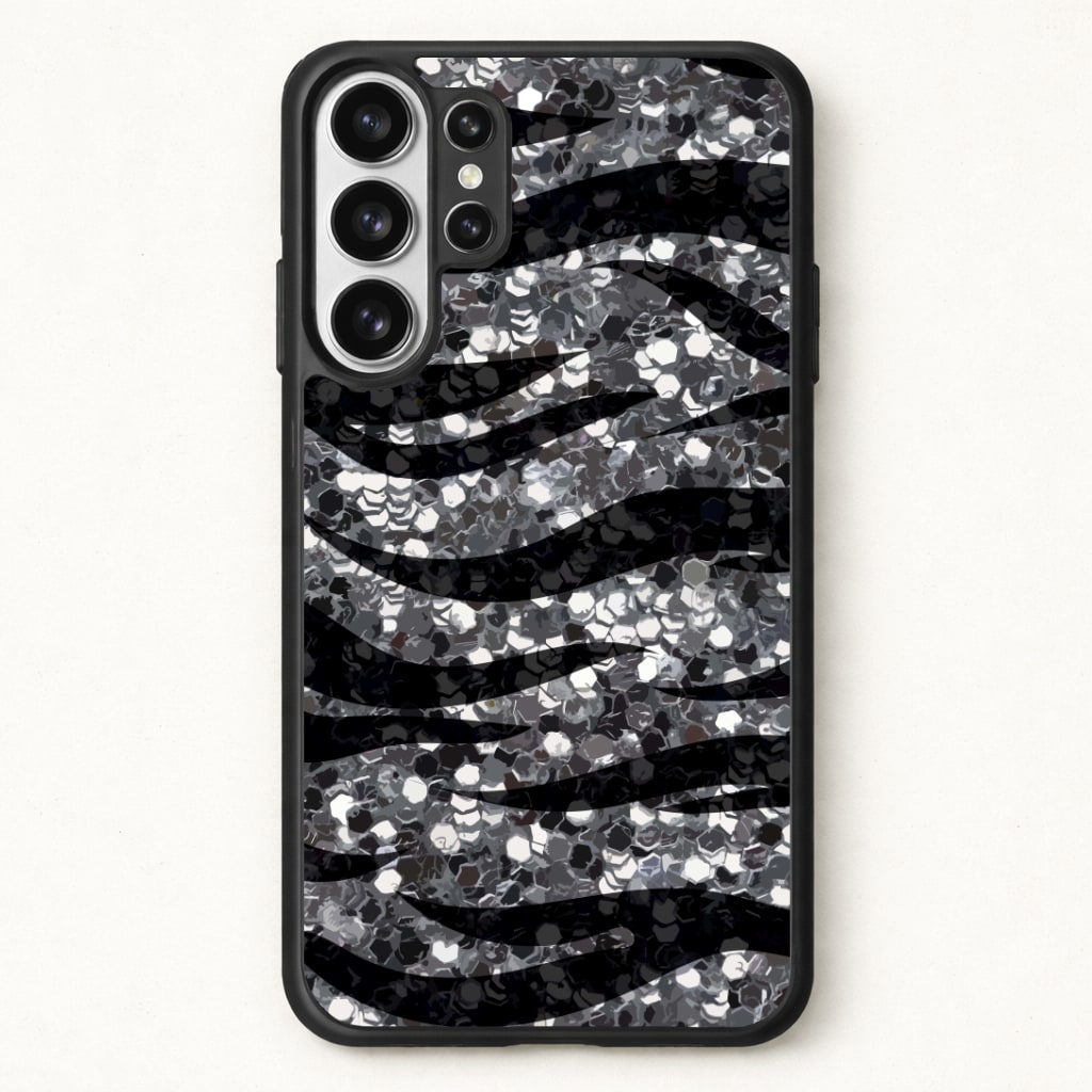 Silver Sequin Tiger Pattern Phone Case for Galaxy S26 Ultra