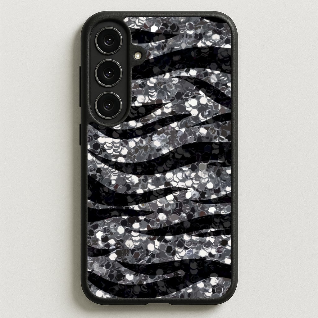 Silver Sequin Tiger Pattern Phone Case for Galaxy S25FE