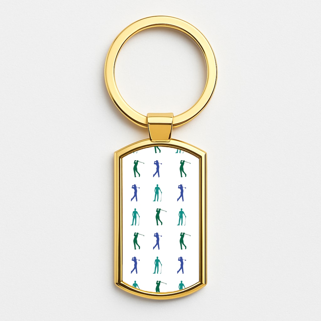 Golfer Silhouettes Pattern Gold Keyring