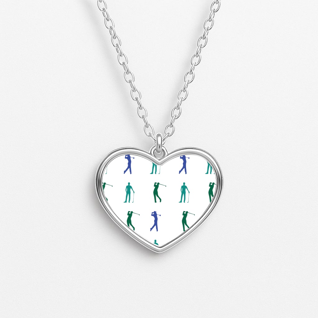 Golfer Silhouettes Pattern Heart Necklace