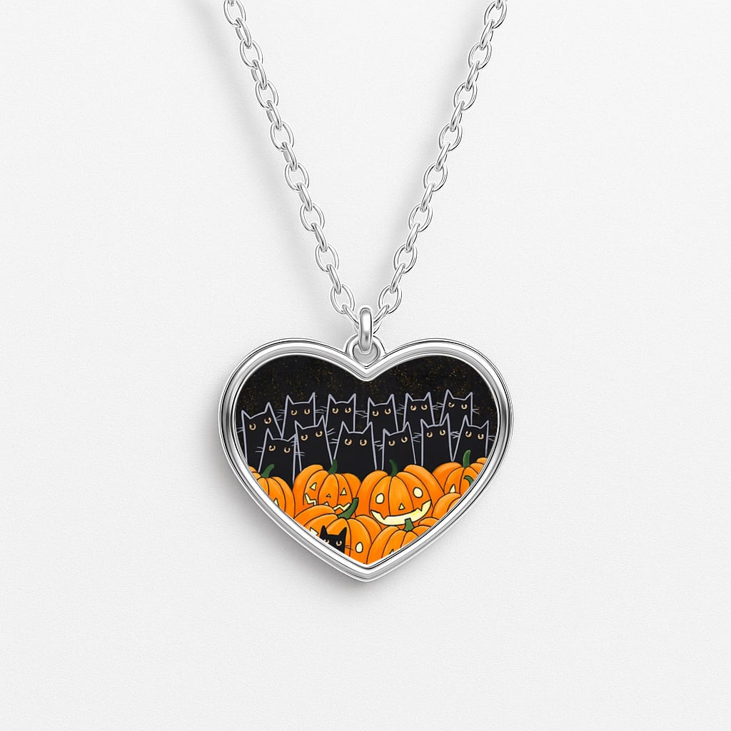 Black Cats & Lanterns - Halloween Heart Necklace