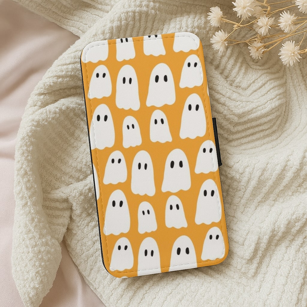 Orange Ghost Halloween Pattern Wallet Phone Case
