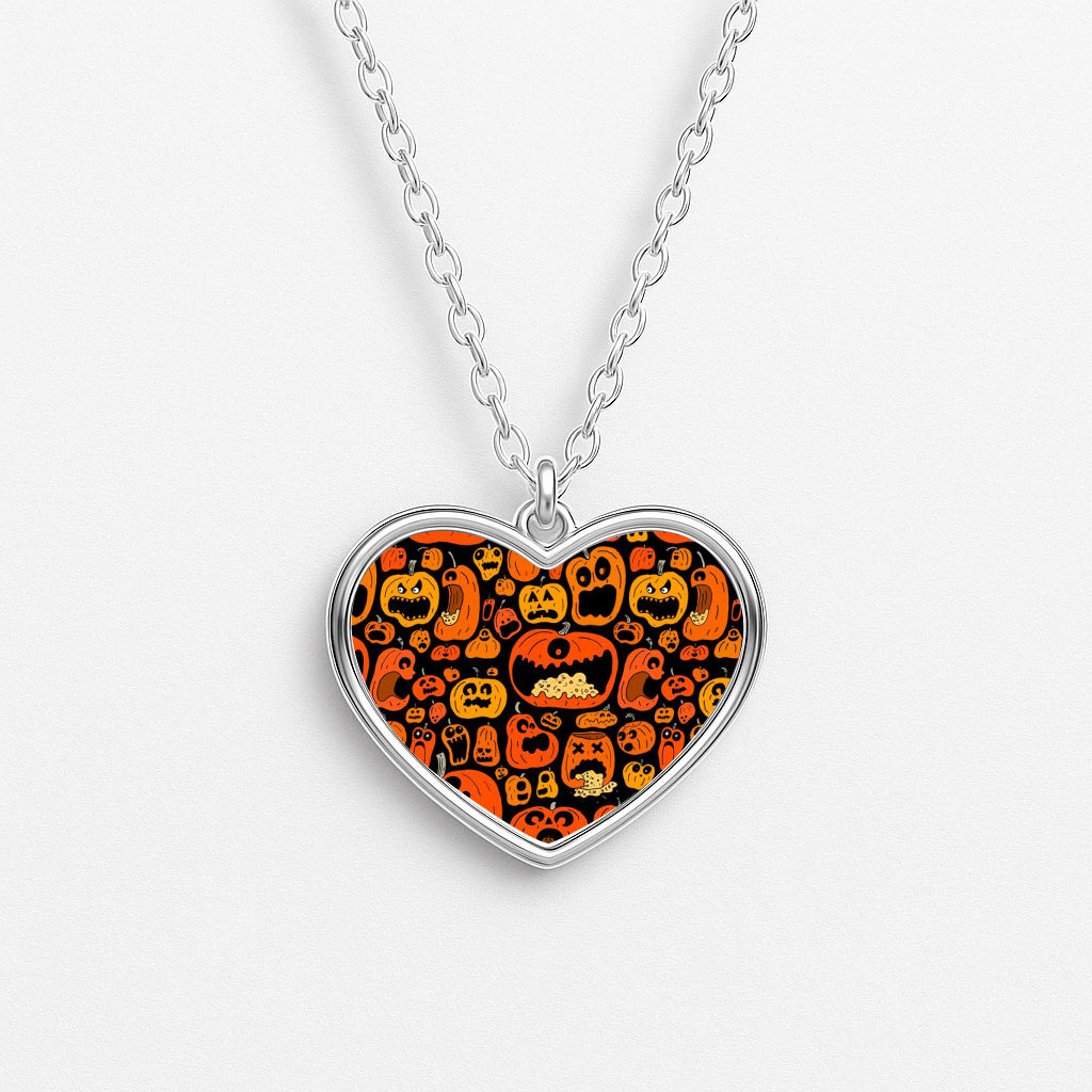 Scary Pumpkin Halloween Pattern Heart Necklace