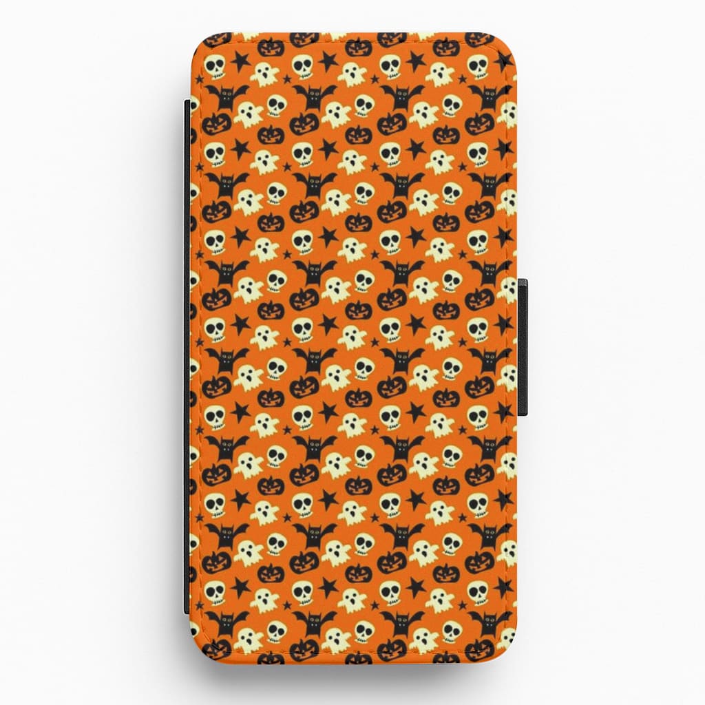 Skeletons, Ghosts, Pumpkin & Bat Pattern Flip Wallet Phone Case
