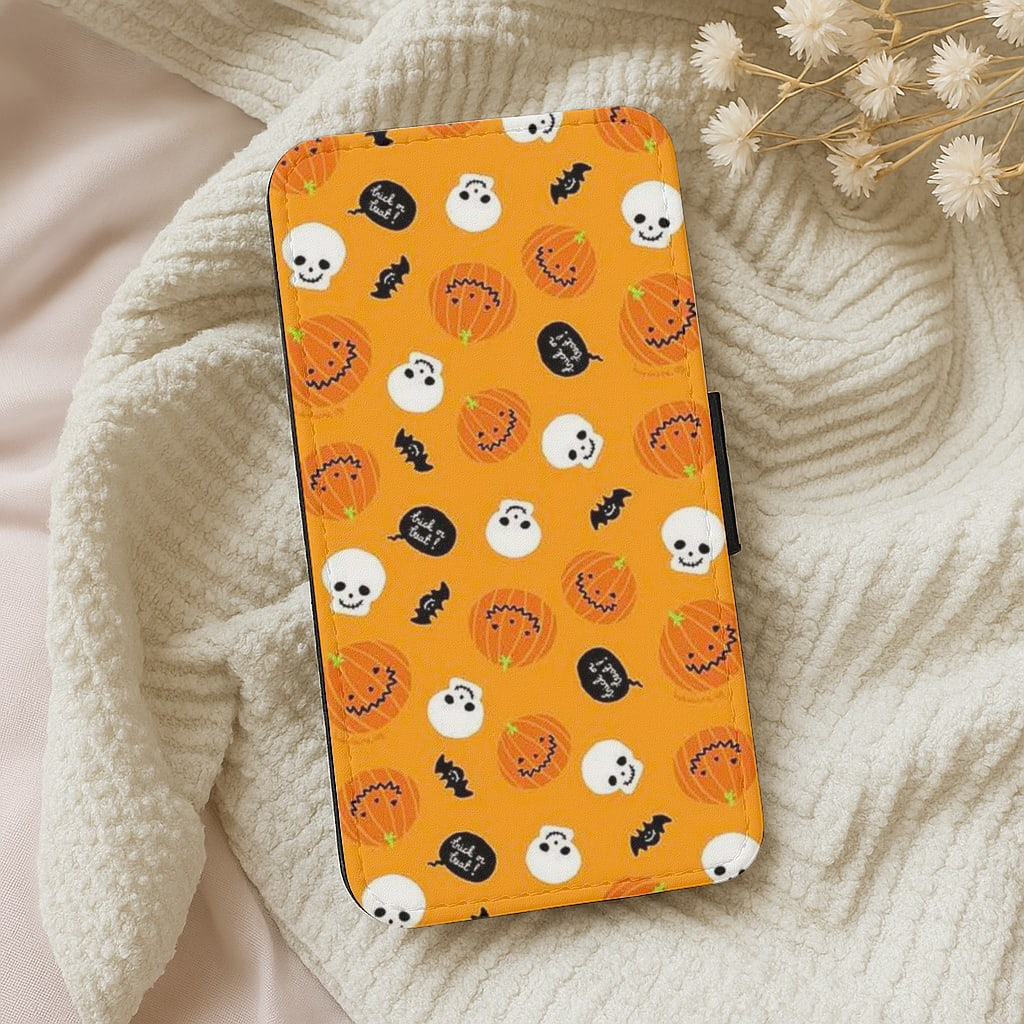 Orange Halloween Pattern Flip Wallet Phone Case