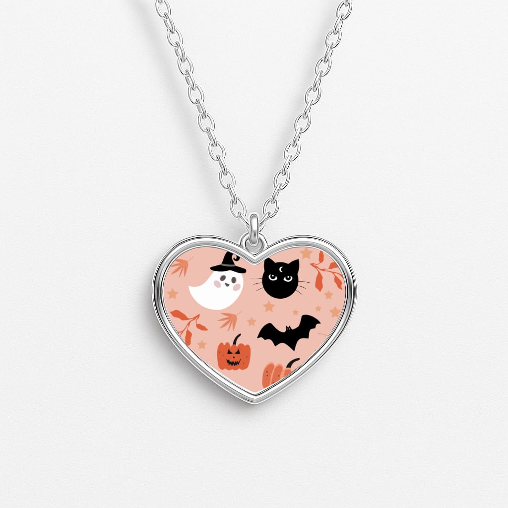 Pretty Pink Halloween Pattern Heart Necklace